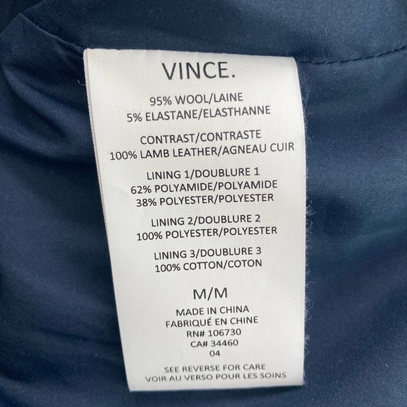 VINCE Men’s Wool Quilted Vest Gray  Black Genuine Lamb Leather Trim Size M - Picture 5 of 8